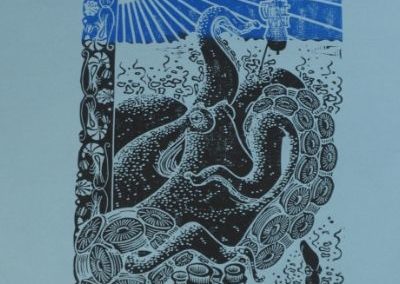 Estampe "les vacances à la mer", représentant un poulpe géant, genre craken, avec une bordure de fruits de mers.