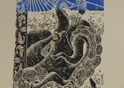 Estampe "les vacances à la mer", représentant un poulpe géant, genre craken, avec une bordure de fruits de mers.