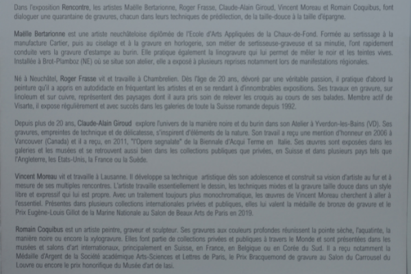 Exposition "RENCONTRE": Romain Coquibus, Roger Frasse, Claude-Alain Giroud, Vincent Moreau, Maëlle Bertarionne.