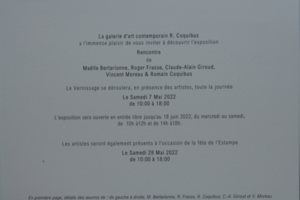 Informations pratiques pour l'exposition "RENCONTRE" à la Galerie Coquibus.